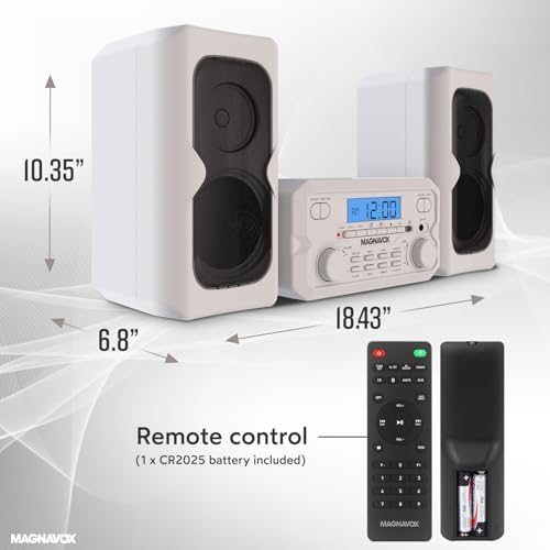 Magnavox MM435M-WH Compact CD Shelf System | Bluetooth Wireless, FM Radio | Remote Control | White | AUX Compatible | 20