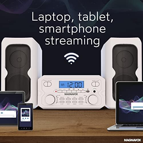 Magnavox MM435M-WH Compact CD Shelf System | Bluetooth Wireless, FM Radio | Remote Control | White | AUX Compatible | 20